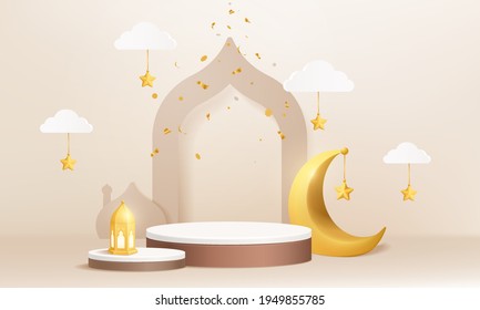 Islam minimal cylinder podium with golden Crescent moon, stars. Product presentation, show cosmetic product, Podium, base, display, stage pedestal or platform 3d vector.