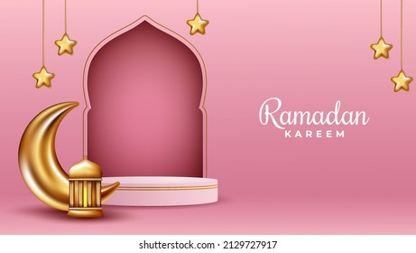 Islam minimal cylinder podium with golden Crescent moon, lantern, stars. Product presentation, show cosmetic product, Podium, base, display, stage pedestal or platform 3d vector.