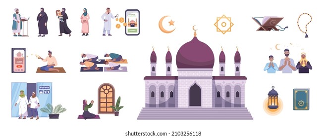 Islam modern people set of flat isolated icons with human characters smartphones and traditional religion symbols vector illustration