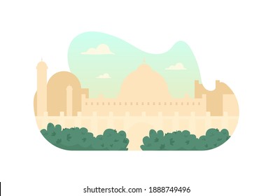 Islam mosque 2D vector web banner, poster. Saudi architecture. Moroccan minaret. Indian flat cityscape on cartoon background. Oriental culture printable patch, colorful web element