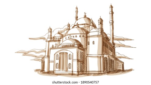 Islam Mosque Front View Hand Drawn Sketch Illustration