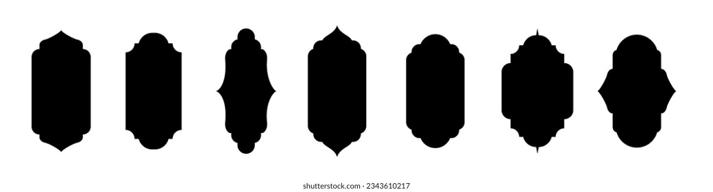 Islam mosque windows and arches set vector illustration. Abstract isolated collection of black frames in different shapes, traditional Arabian design elements and decor for Islam holidays.