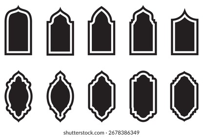 Islam mosque windows and arches set vector illustration. Abstract isolated collection of black frames in different shapes, traditional Arabian design elements and decor for Islam holidays eps10.
