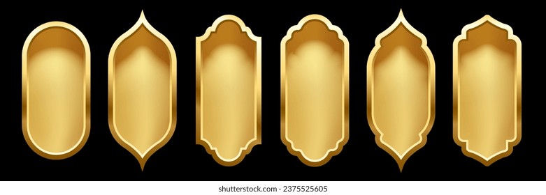 Islam mosque windows and arches vector illustration set. Abstract isolated collection of gold frames with a shadow in different shapes on black background, traditional Arabian design elements of decor