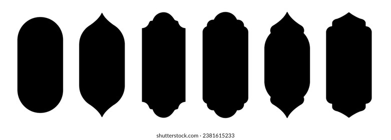 Islam mosque windows and arches vector illustration set. Abstract isolated collection of black frames in different shapes, traditional Arabian design elements of decor.