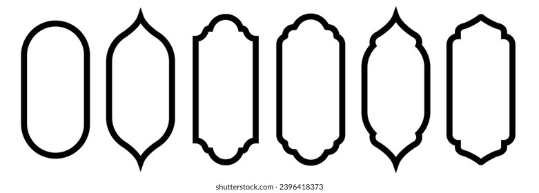 Islam Moschee Fenster und Bögen Vektorgrafik Set. Abstrakte, isolierte Kollektion von schwarzen Silhouetten Rahmen in verschiedenen Formen auf weißem Hintergrund, traditionelle arabische Design-Elemente der Dekoration.
