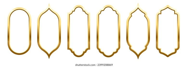 Islam mosque windows and arches vector illustration set. Abstract isolated collection of gold silhouettes frames in different shapes on white background, traditional Arabian design elements of decor.