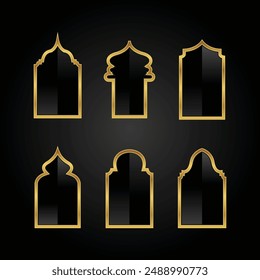 Islam mosque windows and arches vector illustration. Abstract isolated of gold frames with a shadow in different shapes on black background