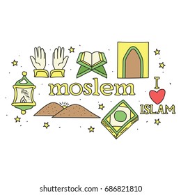 Islam pray icon. Moslem and islamic icon set in doodle style