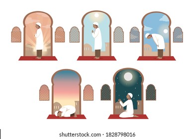 Islam, oración, celebración, concepto establecido por la religión. Colección de jóvenes religiosos musulmanes caricaturistas árabes rezando día y noche en casa o en la mezquita. Celebración tradicional islámica del Ramadán.