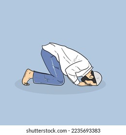 Islam prayer doing sujud for praying isolated on blue background vector modern illustrations