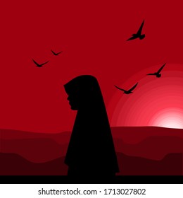 Islam. Ramadan kareem, Mosque, woman, prayer. Black symbols Celebration Concept