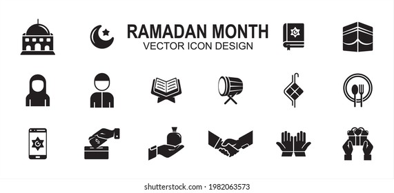 Islam Ramadan month theme related vector icon user interface graphic design. Contains such icons as mosque, moon, star, holy quran, mecca, ka'bah, fasting, drum, giving, pray, prayer, handshake