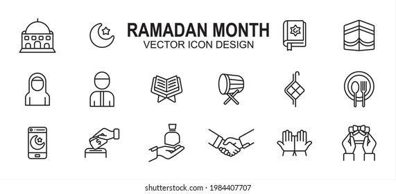 Islam Ramadan month theme related vector icon user interface graphic design. Contains such icons as mosque, moon, star, holy quran, mecca, ka'bah, fasting, drum, giving, pray, prayer, handshake