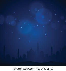 Islam ramadan mosque silhouette in night sky with crescent stars