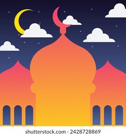 Islam, ramadan. Mosque silhouette in night sky with crescent moon and star.