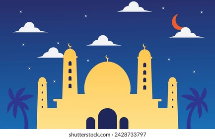 Islam, ramadan. Mosque silhouette in night sky with crescent moon and star