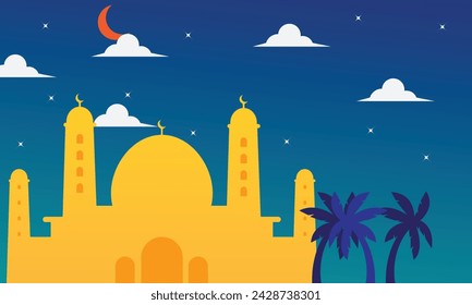 Islam, ramadan. Mosque silhouette in night sky with crescent moon and star