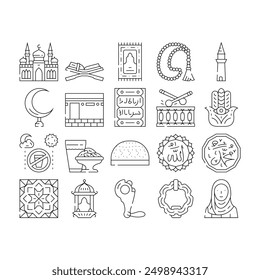 islam ramadan muslim icons set vector. religion frame, shape eid, mubarak mosque, decoration ornament, kareem calligraphy islam ramadan muslim black contour illustrations