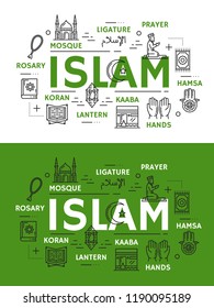 Islam religion and culture line art vector icons. Muslim mosque, hands and Kaaba, Ramadan lantern, holy Koran book and ligature, prayer or salah on knees, rosary and hamsa symbols