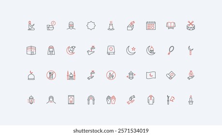 Islam religion and culture, mosque and religious prayers, holiday and fasting line icon set. Tradition of ablution, zakat and charity, Hajj thin black and red outline symbols vector illustration