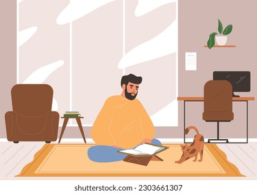 Islam religion flat concept with man reading Koran at home vector illustration