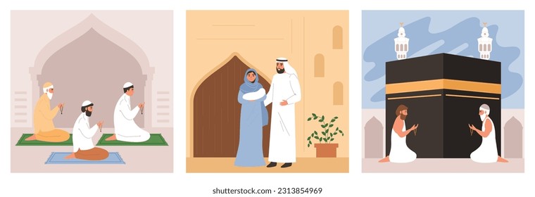 Islam religion flat concept set with people during religious rituals isolated vector illustration