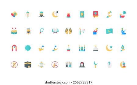 Islam religion, holidays and mosque, religious elements for prayer color icon set. Muslim man and woman, crescent moon and lantern, carpet for holy Quran reading flat elements vector illustration