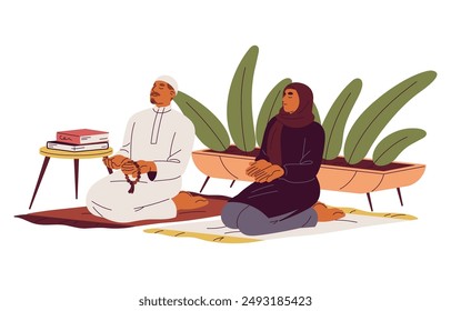 Islam religion. Muslim family prays, kneeling on floor. Religious people recite prayers to Allah. Ramadan, Salah, Namaz. Belief, faith in God. Flat isolated vector illustration on white background