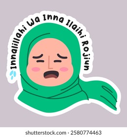 Islam religion Muslimah female woman girl wearing hijab chibi character sad crying mourning facial expression Innalillahi wa Inna Illaihi Rojiun condolence words text icon