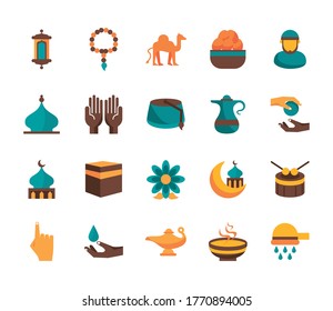 islam religion set flat style icons vector illustration design