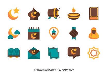 islam religion set flat style icons vector illustration design