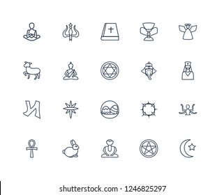 Islam, Satanism, Great buddha, Easter bunny, Ankh, Angel, Ganesha, eggs, nihilism, Buddha, Bible outline vector icons from 20 set