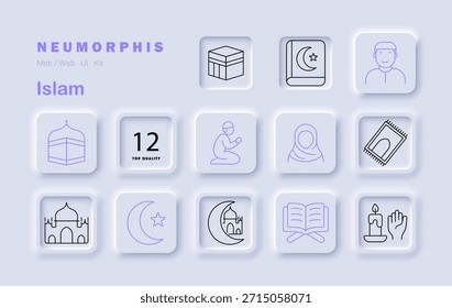 Islam set icon. Displays mosque, Quran, prayer rug, crescent moon, hands, worship, prayer, woman, star, person, Kaaba, Islamic symbols in neumorphic design