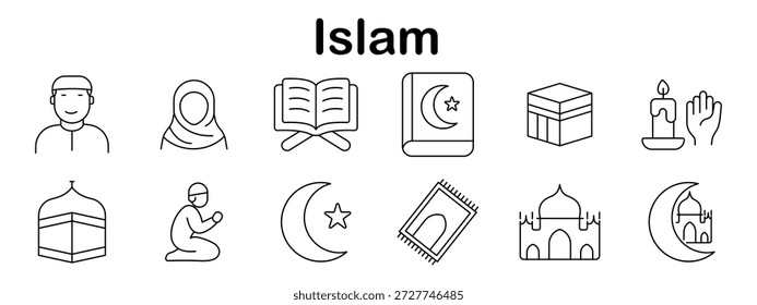 Ícone de conjunto do Islã. Ícones de estilo de linha incluindo Alcorão, Kaaba, crescente, mesquita, vela, tapete de oração, homem, mulher, estrela e símbolos de gestos da fé islâmica