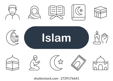 El islam establece un icono. Mezquita, media luna, estrella, Corán, oración, vela, manos, hijab, hombre, alfombra, Kaaba, luna, fe, cultura, tradición, religión, creencia, espiritualidad, devoción, adoración.