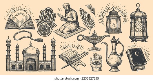 Islam set of sketches. Quran book, Muslim mosque, ritual prayer Namaz. Religion concept vintage vector illustration