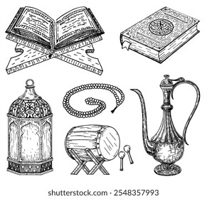 Esboço islâmico. Acessório para o dia feliz Ramadan kareem mão desenhada. Alcorão, Bedug Tambor, lâmpada, rosário. conceito de religião vintage ilustração vetor isolado no fundo branco