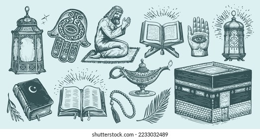 Islam sketch set. Quran, Hajj, praying muslim, lamp, Hand Fatima, rosary. Religion concept vintage vector illustration