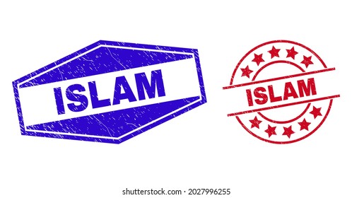 Sellos ISLAM. Sellos hexagonales planos vectoriales, redondos rojos y azules, con la leyenda ISLAM en el interior. La imitación de caucho con un estilo de grunge.