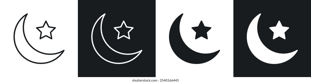 Conjunto de iconos de estrella y media luna del Islam. Símbolos de Vector en colores blanco y negro.
