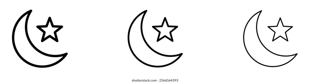 Islam star and crescent icon in tree different line stroke sizes.