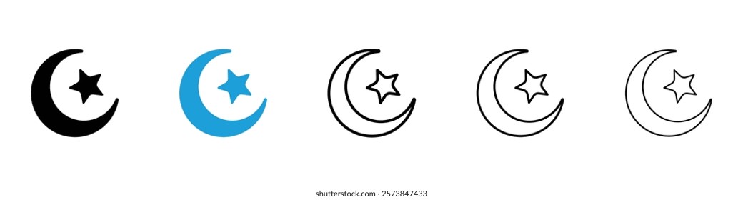 Islam star and crescent icons in filled and 3 stroke weights