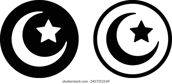 Islam symbol icon set in two styles with moon and star . Star and crescent icon vector