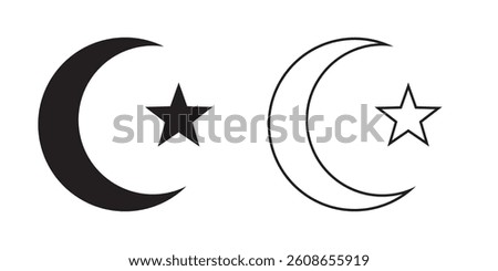 Islam symbol. Islam icon in two style. Crescent moon and star icons.