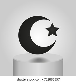 Islam symbol. Moon and star icon on gray background.