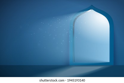 Islam theme background in 3d design. Silver moonlight shimmering through mosque portal. Concept of serene Ramadan evening.