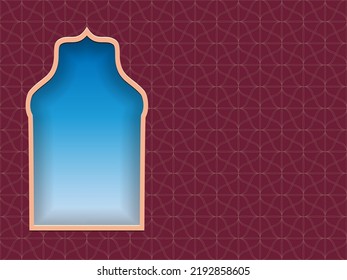 Islam theme card with arabic window or gates. Ramadan Kareem frame. Background with door silhouette for banner and invitations Luxury label template. Traditional architecture Vector illustration