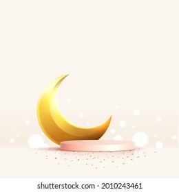 Islam theme product or cosmetic display purple background. mosque portal frame with podium and blank space. studio stage with golden crescent moon. vector design.