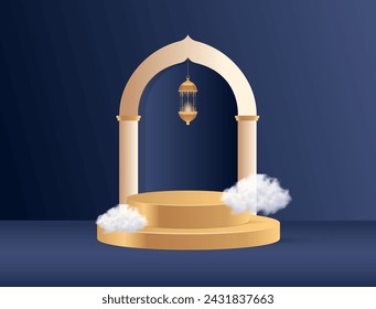 Islam theme product or cosmetic display blue background. Golden lamp. big sale promotion poster banner with a podium for display product
